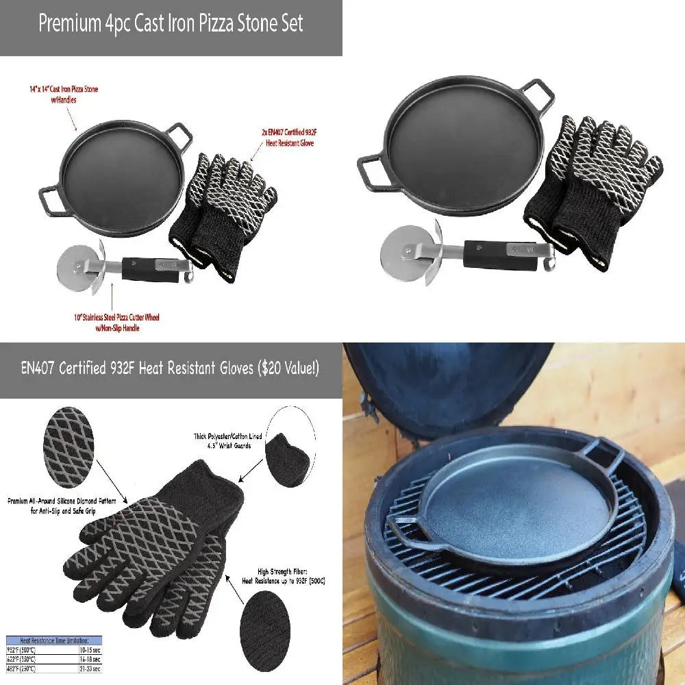 

Deluxe Round Griddle Cast Iron Pizza Stone, Handles Skillet, Pizza Cutter, 932F Heat Resistant Gloves.