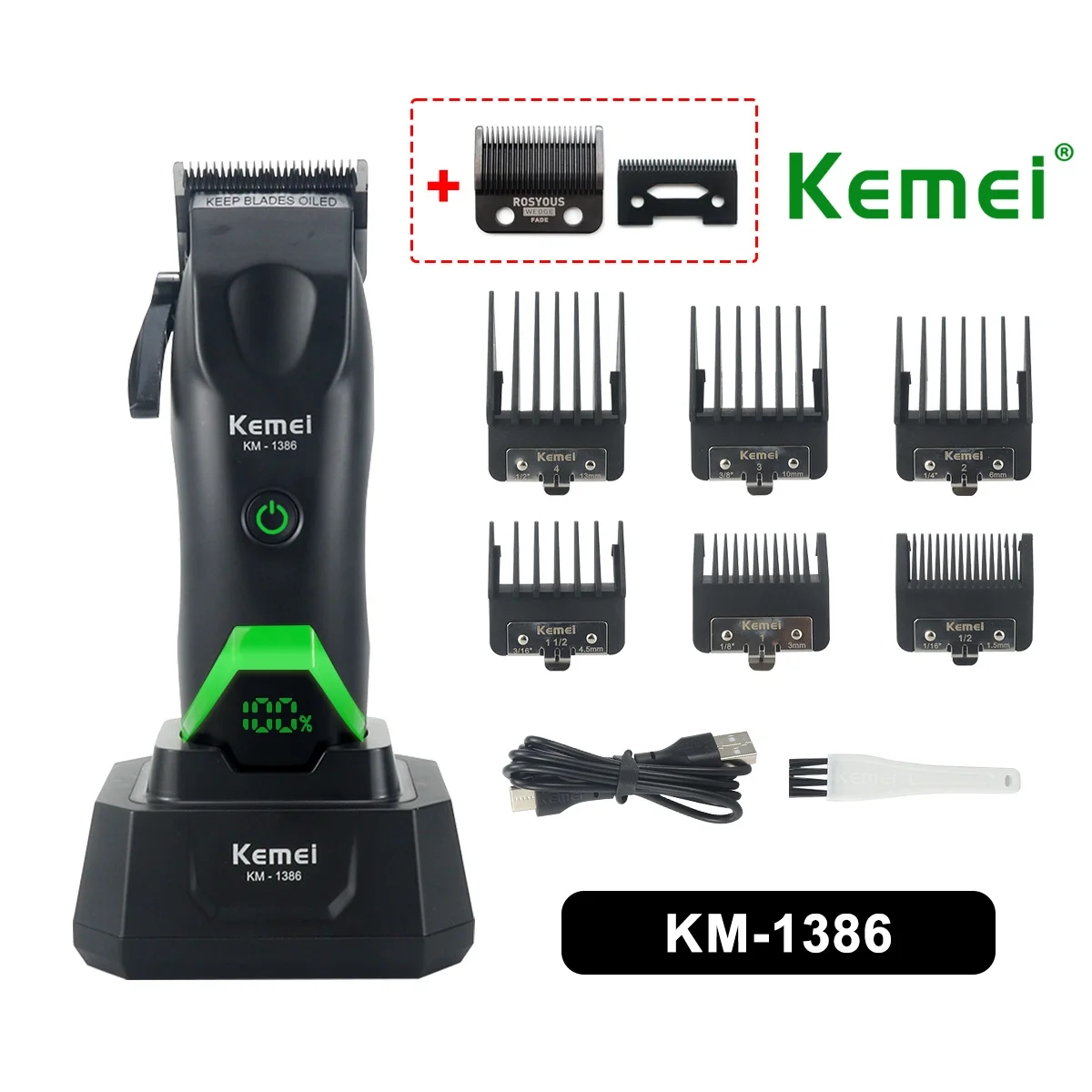 Фото Машинка для стрижки волос Kemei 1386 для мужчин, 8000 об/мин, лезвие DLC, зарядное устройство, LED-дисплей, 2000 мАч, профессиональный триммер для стрижки волос №1