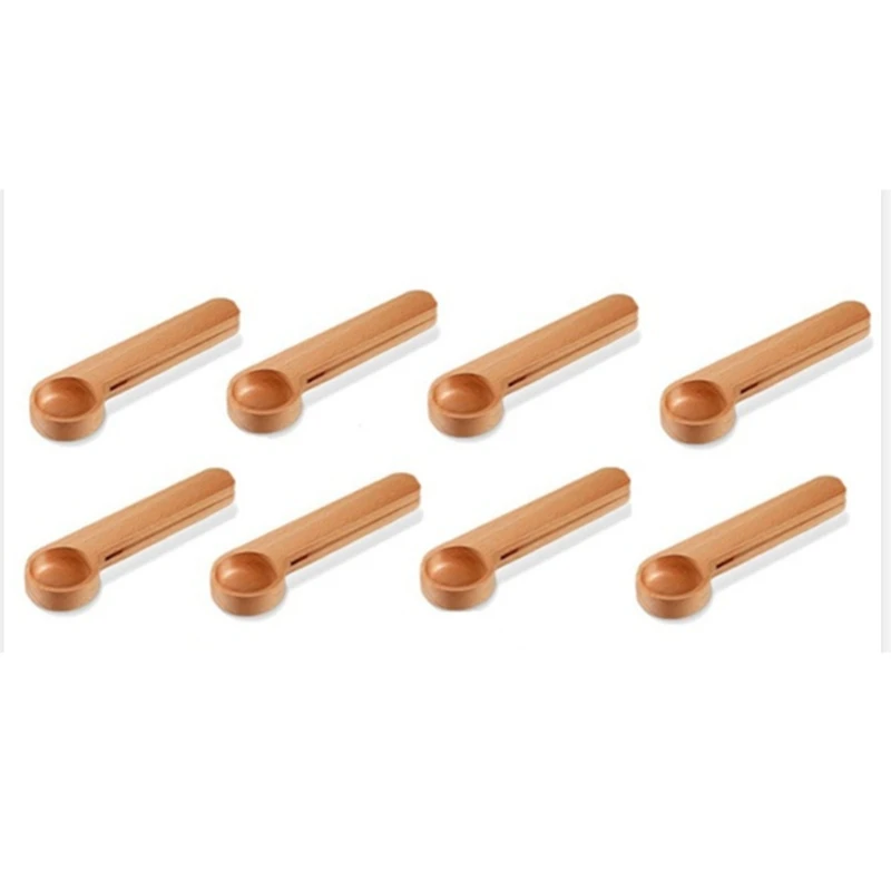 

8Pcs Wooden Coffee Scoop and Bag Clip Measure Spoon 2-In-1 Bags Sealer Measuring Spoon for Beans,Espresso Coffee,Tea,Etc