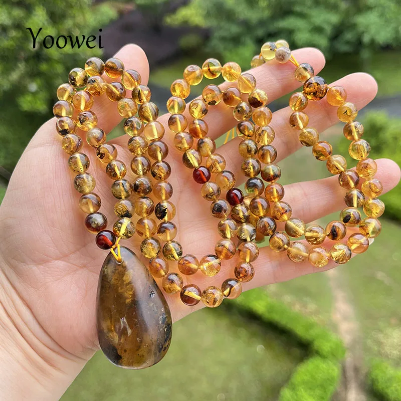 

7.5mm 38g Amber Pendant Necklace Unique Gift New Baltic Real Plant 108 Rosary Prayer Beads 100% Natural Stone Jewelry Wholesale