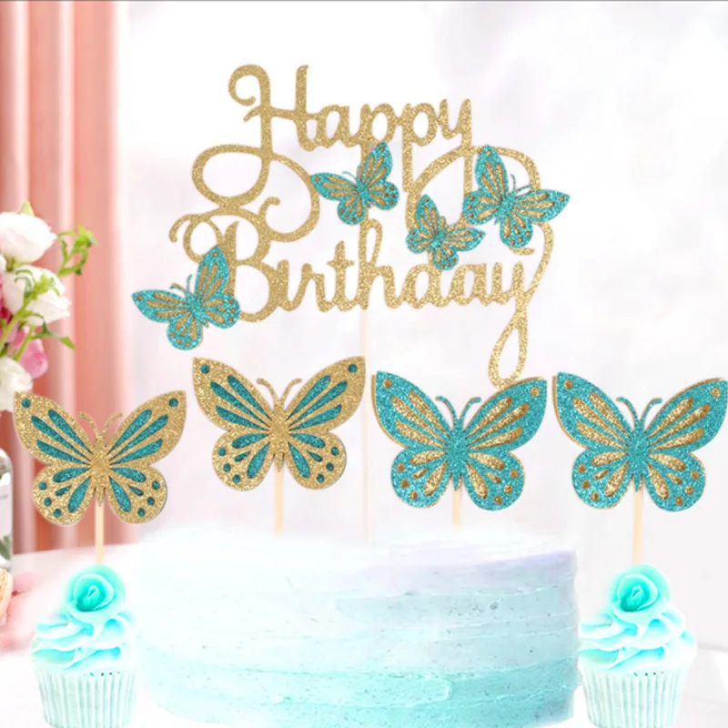 

13Pcs Birthday Cake Dessert Decor Baby Shower Double Layer Pink Butterfly Colorful Birthday Party Supplies Inserted Cards Decor