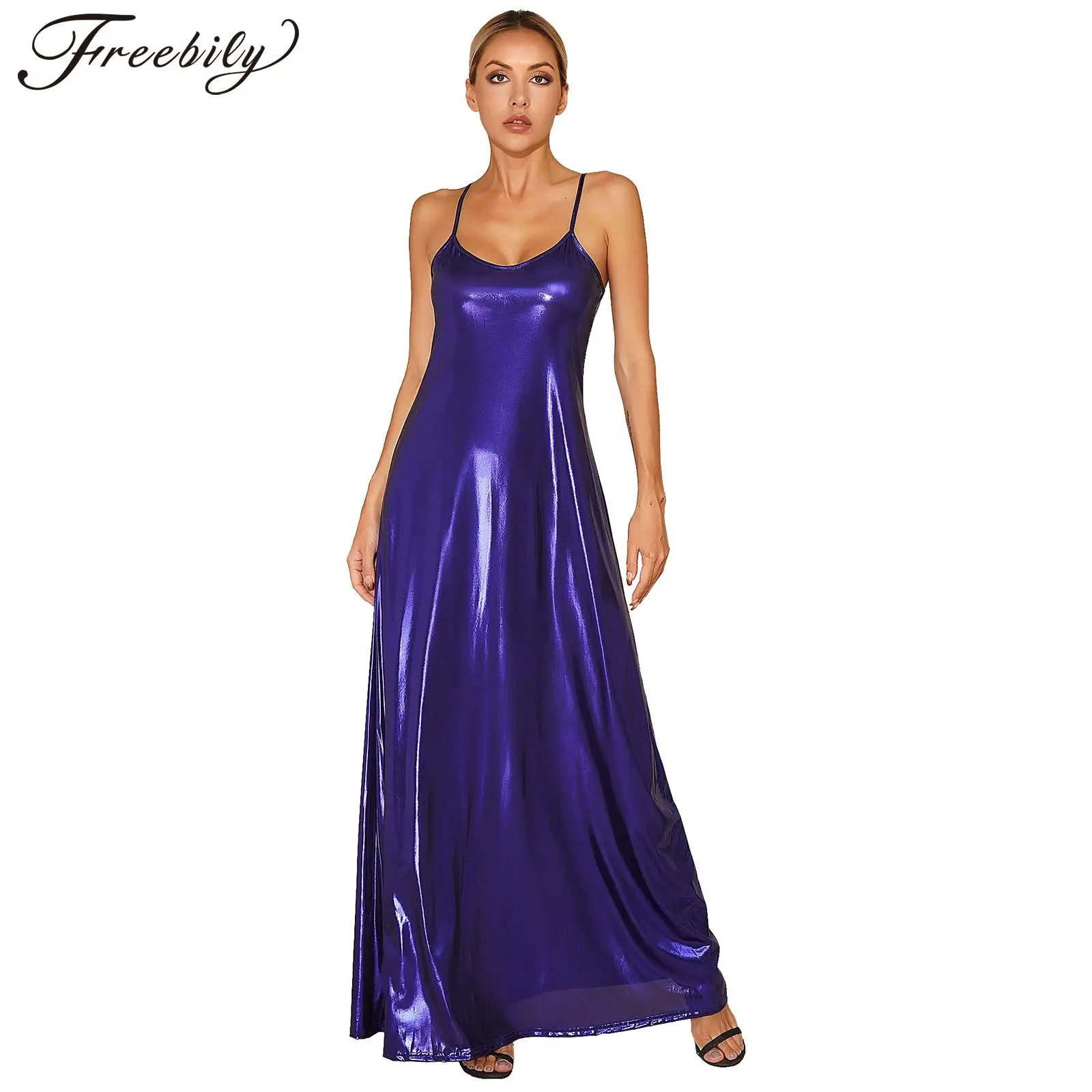 

Женское блестящее длинное платье-макси с металлическим блеском