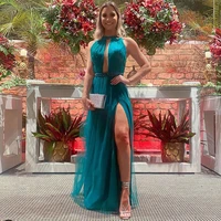 charming emerald green side slit evening dresses sexy halter sleeveless tulle formal prom gowns floor length robe de soir%c3%a9e