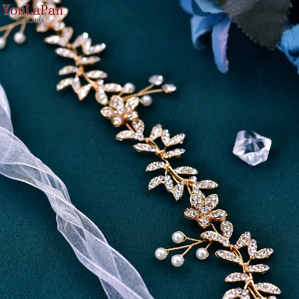 Женская повязка на голову YouLaPan золотистая Свадебная головная с листьями и