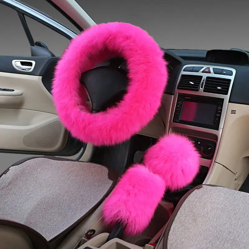 3PCS Set Real Wool Fur Soft Steering Wheel Covers Furry Long Hair Womens Winter Fashion Handle Cover Car Decoration Accessories