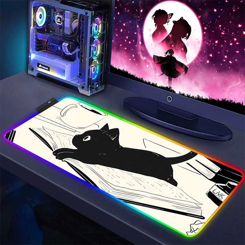 

Большой коврик для мыши Kawaii Черный кот Rgb светодиодный коврик для мыши Аниме для ПК кабинета игры офисные аксессуары Настольный коврик игровой коврик для клавиатуры