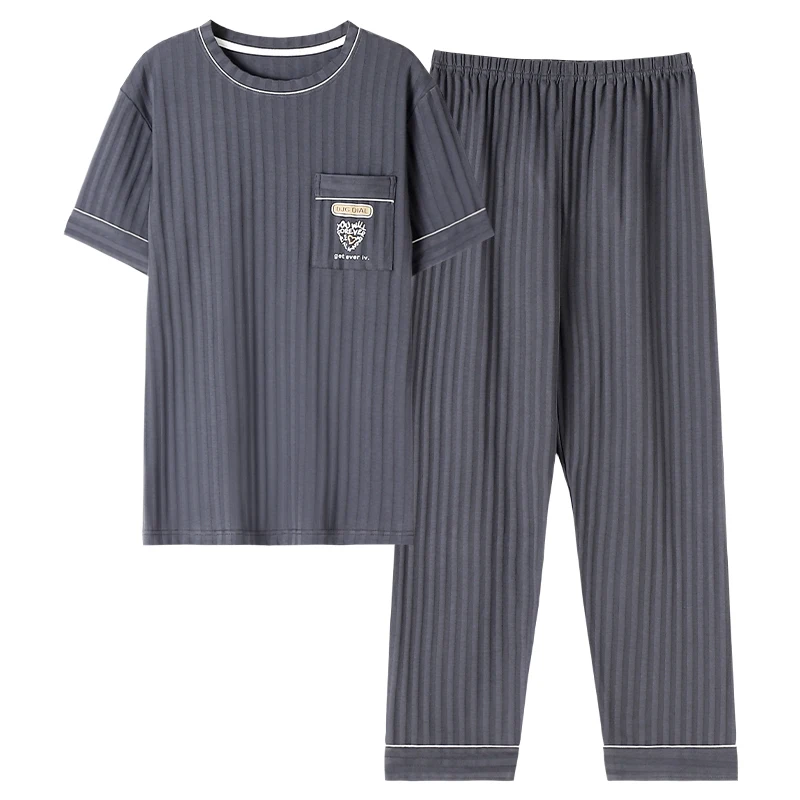 CAIYIER Summer Autumn Men's Cotton Pajamas O-Neck Short Sleeve + Long Pants Sleepwear Letter Embroidery Loungewear Plus Size 5XL
