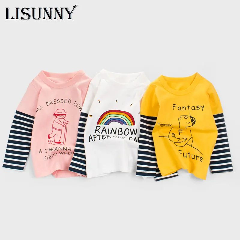 

Новинка 2023, весенне-осенняя футболка для девочек, топы в полоску с мультяшными цветами из хлопка, детская спортивная футболка, детские футболки с длинным рукавом