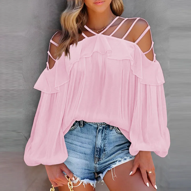 

Women Sexy Off Shoulder Ruffles Blouse Spring Elegant Solid Lantern Long Sleeve Shirts and Blouses Fall Casual Lady Blusas Top