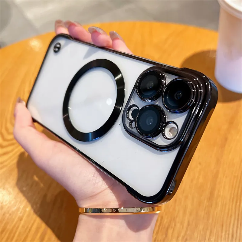 

Luxury Plating Frameless Magnetic Lens Protect Thin Case For iPhone 11 13 12 14 Pro Max Plus Wireless Charging Clear Slim Cover