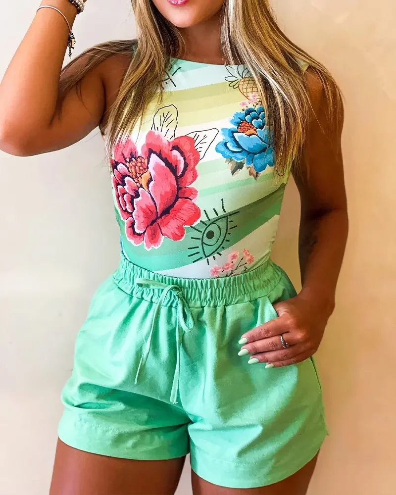 Summer Women's 2022 Shorts Set Two Piece Casual Chic Crew Neck Floral Print Sleeveless Top and Drawstring Pocket Design