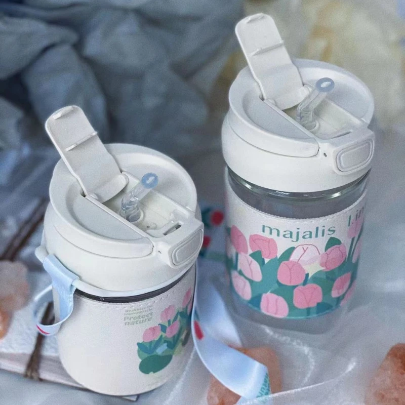 

Glass Water Cup Leather Sleeve Heat Insulation Portable Straw Cup Sports 400ml Portable Coffee Cup Heat Resistant Glass Kettle