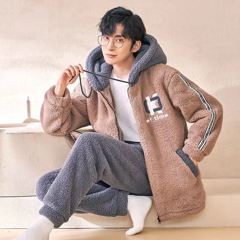 New Winter Pajamas Sets Men Thicken Flannel Pyjamas Hooded 2 Piece/Set Loungewear Home Clothes 2022 New Warm Homewear Pijama