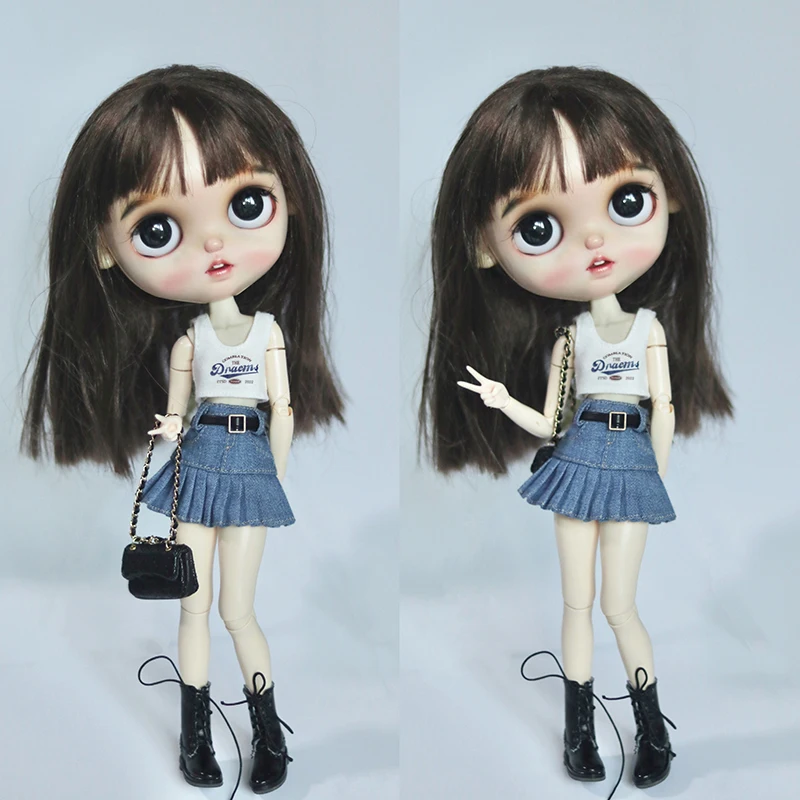 Фото Новое поступление, Одежда для куклы Blythe, футболка с принтом, жилет и джинсовая юбка с поясом для Blyth Licca OB24, одежда, аксессуары для кукол №3