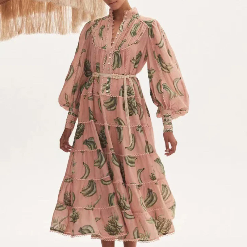 

Женское винтажное платье-рубашка миди с цифровым принтом, кружевное длинное платье с рукавами-фонариками и вышивкой по краям