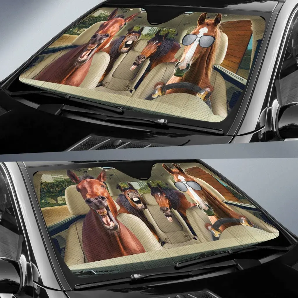 

Funny horse family with glasses summer car visor gift, car windshield visor for uv sun visor car windshield sunshades