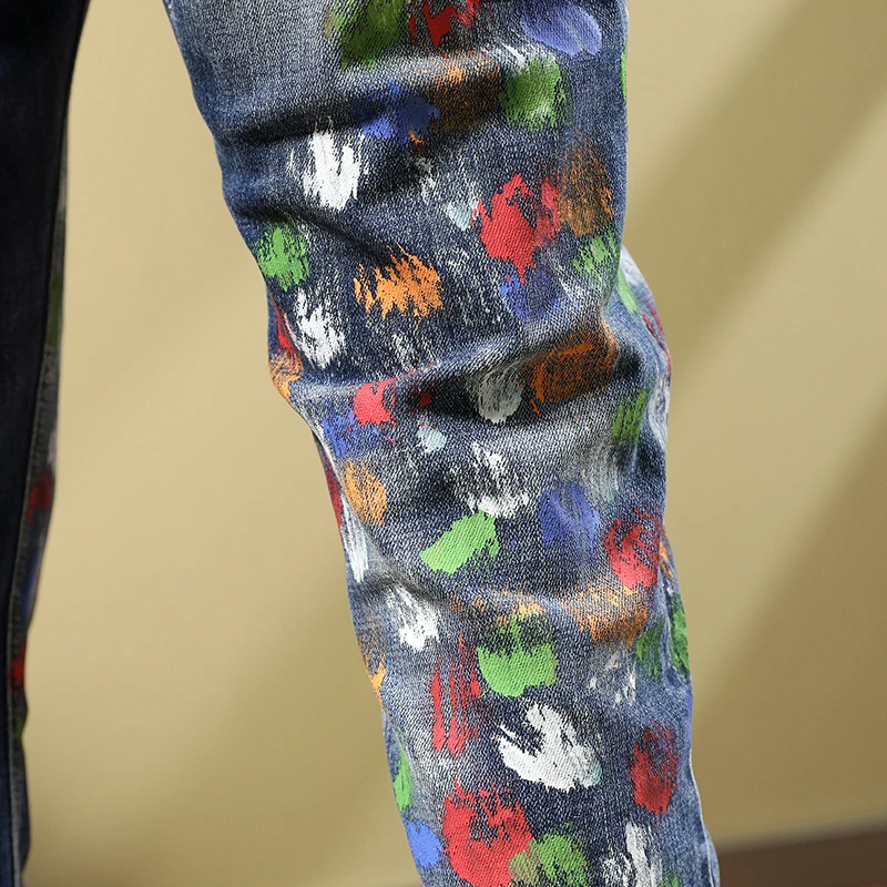 High Street Fashion Men Jeans Retro Blue Elastic Ripped Jeans Men Painted Designer Hip Hop Pants Hombre Stretch Skinny Trousers