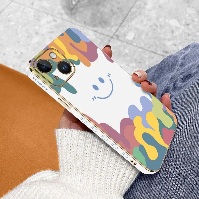 Watercolor Smiley Face Luxury Plating Phone Case For iPhone 14 13 12 11 Plus Pro Max Mini X XR XS SE2020 8 7 6 6S Plus Cover