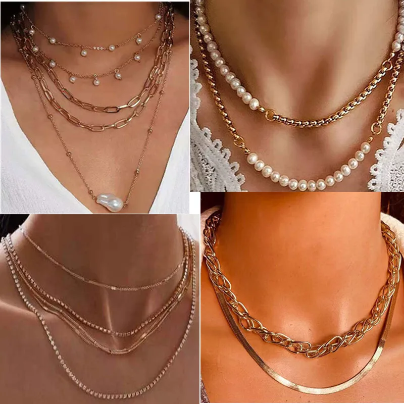 

New Fashion Hot Sale Bohemian Choker Pearl Necklace Alloy Gold Chains Jewelry Women's European Multilayer Necklaces Women
