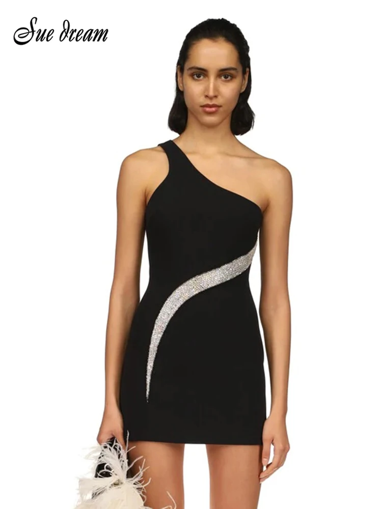 

Elegant Women Black Mini Skinny Bandage Dress Sparkling Diamond Summer Fashion Sexy Celebrity Runway Party Club Dress