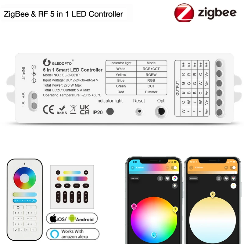 

DC12V-54V Gledopto Zigbee 3.0 5 in 1 RGBCCT/RGBW/RGB/ CCT/Dimmer LED Strip Controller 2/3/4/5/6Pin Smart for Tuya/Alexa