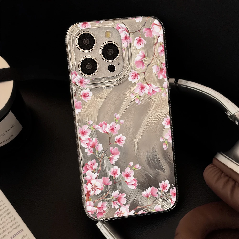 Фото Чехол для телефона с текстурой перьев для iPhone 17 Pro Max 15 16 14 13 12 11 8 7 Plus Pro 16E Air, винтажный, с вишневым цветом, жесткий матовый чехол №3