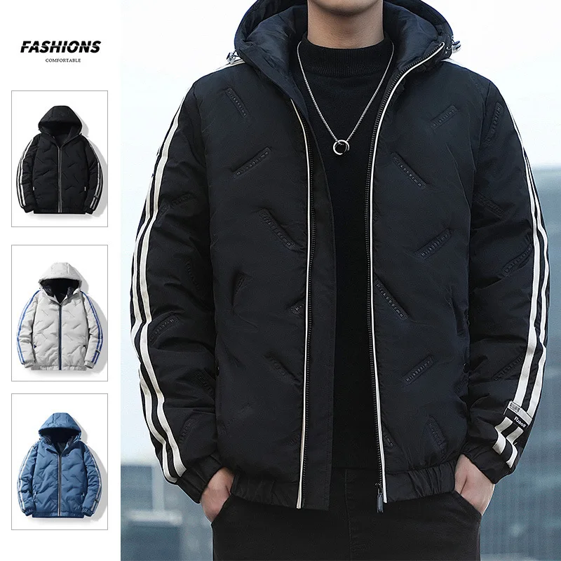 Mens Winter Jacket Hooded Zipped Down Striped Casual Winter Warm Coat Mens Clothing Plus Size M-4XL