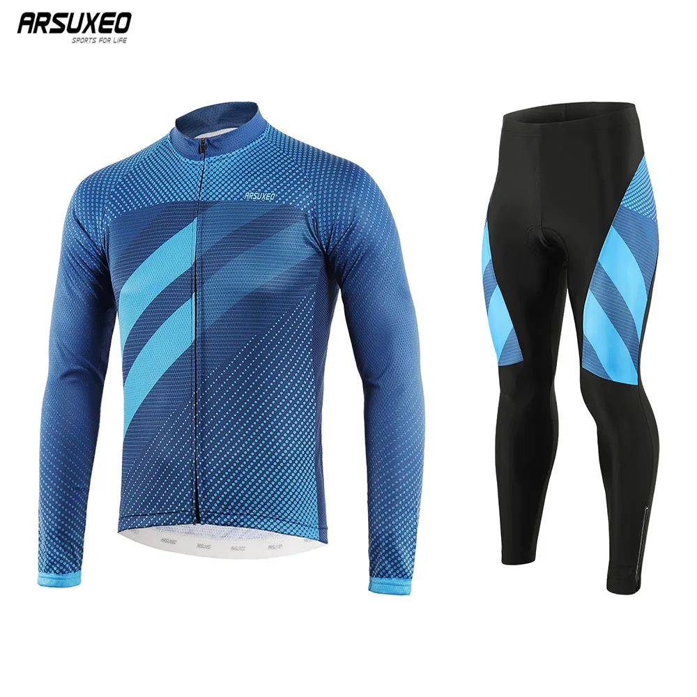 

ARSUXEO Cycling Long Sleeve Set Men's Team MTB Pants Bike Jersey Suit Clothing Bicycle Wear Trouser Cycle Uniform Kit Padded