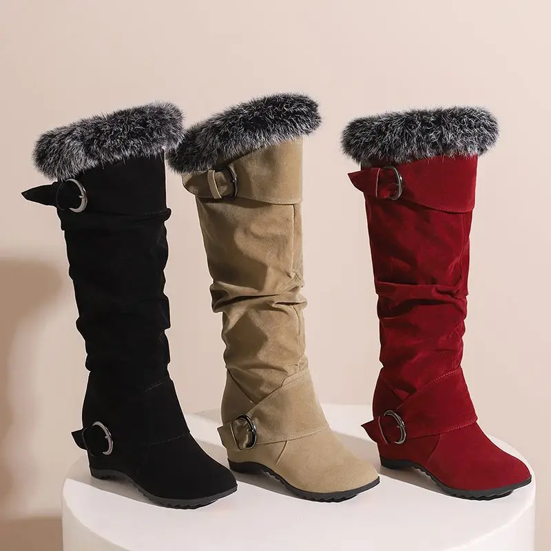 ASILETO Модные женские сапоги до колена из флока замши круглые ботинки на танкетке 7