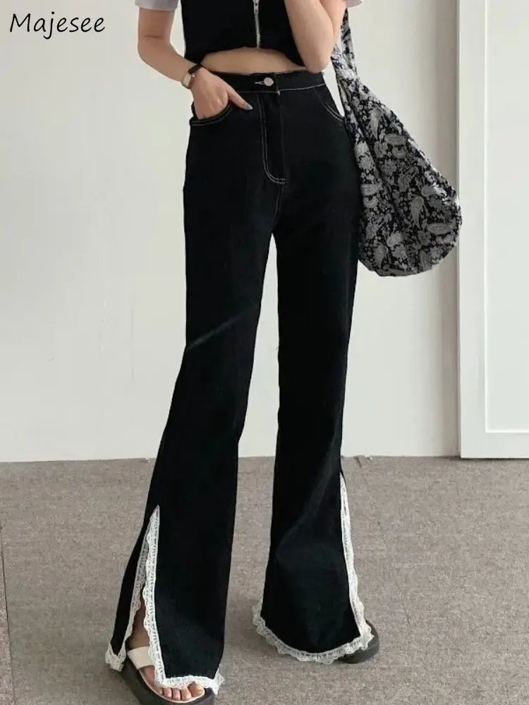

S-5XL Flare Jeans Women Lace Panelled Aesthetic Slit Vintage Spring Fashion Streetwear Young Korean Style Simple All-match New