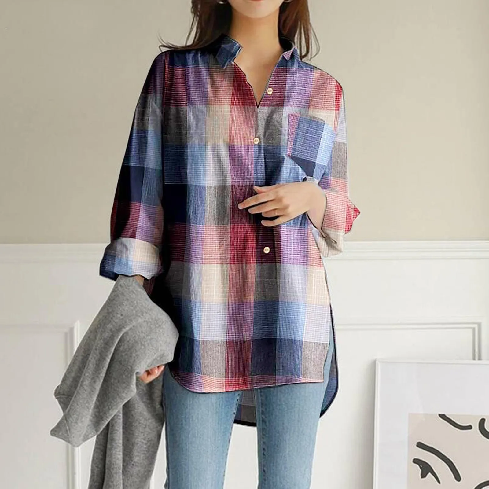 

Womens Lapel Long Sleeve Top V Neck Top Long Sleeve Tunic Plaid Print Top Long Sleeve Womens Cotton Athletic Tees Women