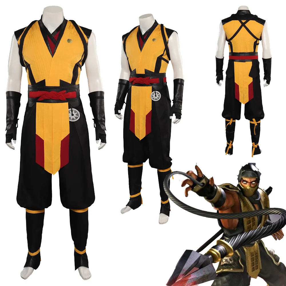 

Mortal Cos Kombat Scorpion Cosplay Costume Vest Pants Belt Mask Men Adult Fancy Outfits Halloween Carnival Party Roleplay Suit