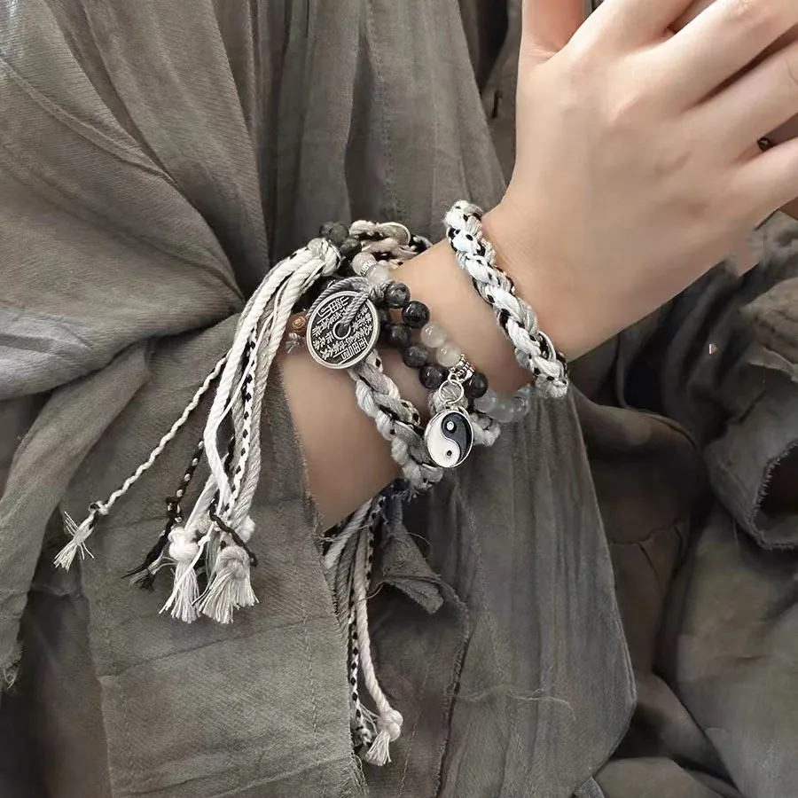 Фото Плетеные браслеты ручной работы для женщин и мужчин, подвески в китайском стиле, двухслойные штабелируемые браслеты из бисера, регулируемые ювелирные изделия №1