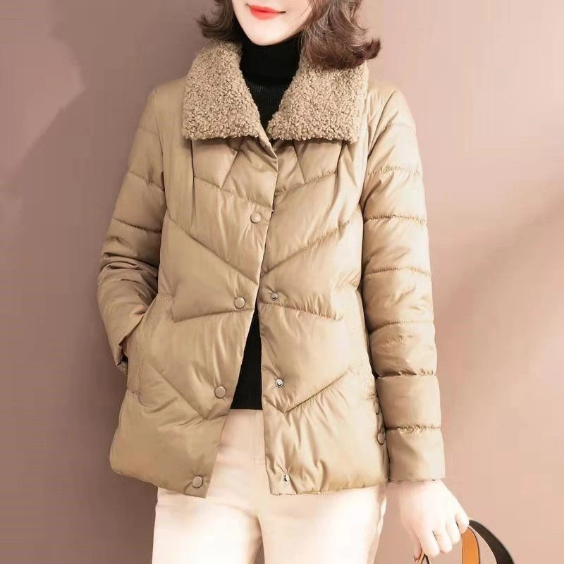 Winter Thin Down Jacket Women's Light Weight Cropped Puffy Jacket Warm Thick Single Breasted Parkas Casual Lamb Collar Outwear