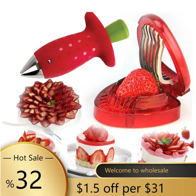 

2PCS/Set Kitchen Fruit Gadget Tools Strawberry Slicer Cutter Strawberry Corer Strawberry Huller Leaf Stem Remover