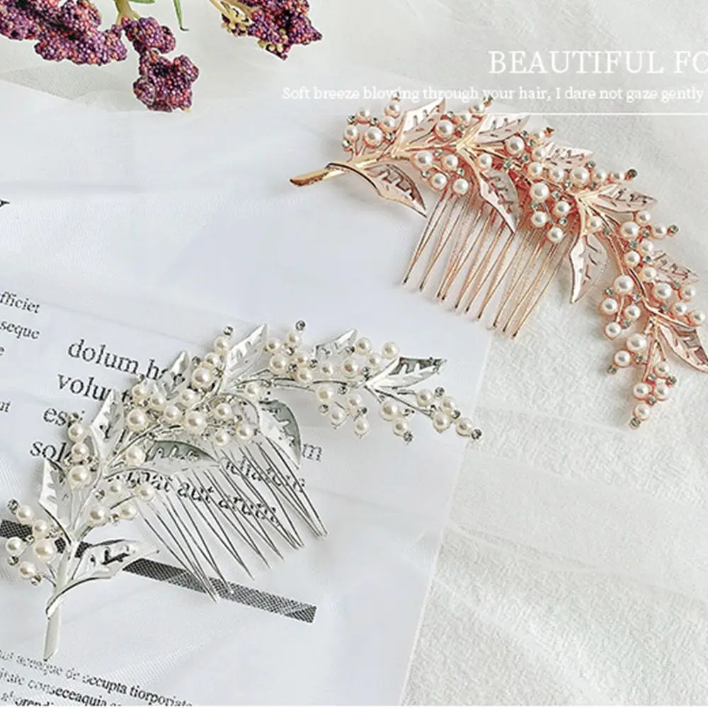 Свадебные гребни с полыми листьями и жемчугом Золотая элегантная вставка