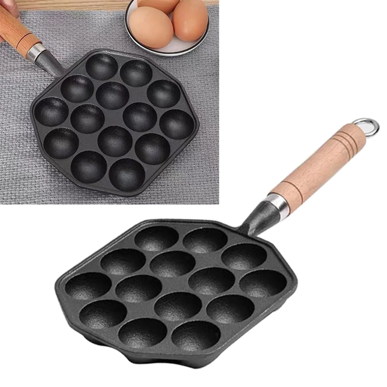 

14 Holes Takoyaki Pan Nonstick Cast Iron Octopus Meat Balls Mold Maker With Detachable Handle For Home Pancake Baking