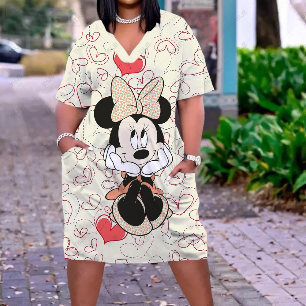 

Hot Disney Minnie Dress Mickey 3d Printed Female Beachwear V-Neck Sexy Casual Vestidos Bohemian Lady Dresses Knee-Length Clothes