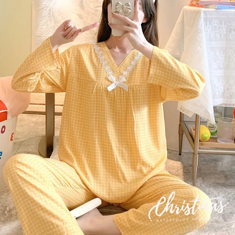 Ladies Nightwear Spring  Autumn Long Sleeves Trousers Cute Cotton Silk Sleepwear Women Lounge Pajamas Set