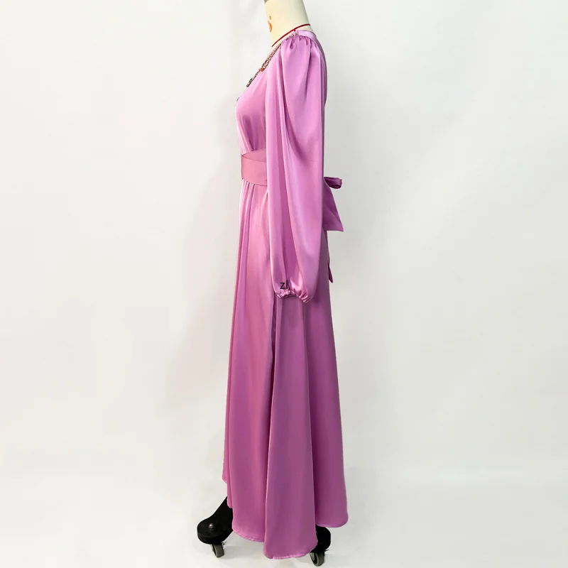 Women Moroccan Kaftan Solid Purple Pink V-neck Long Sleeve Rhinestone Belt Abayas For Women Dubai 2022 Latest