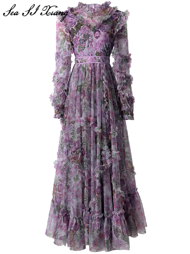 Женское длинное платье с вышивкой Seasixiang дизайнерское летнее круглым вырезом