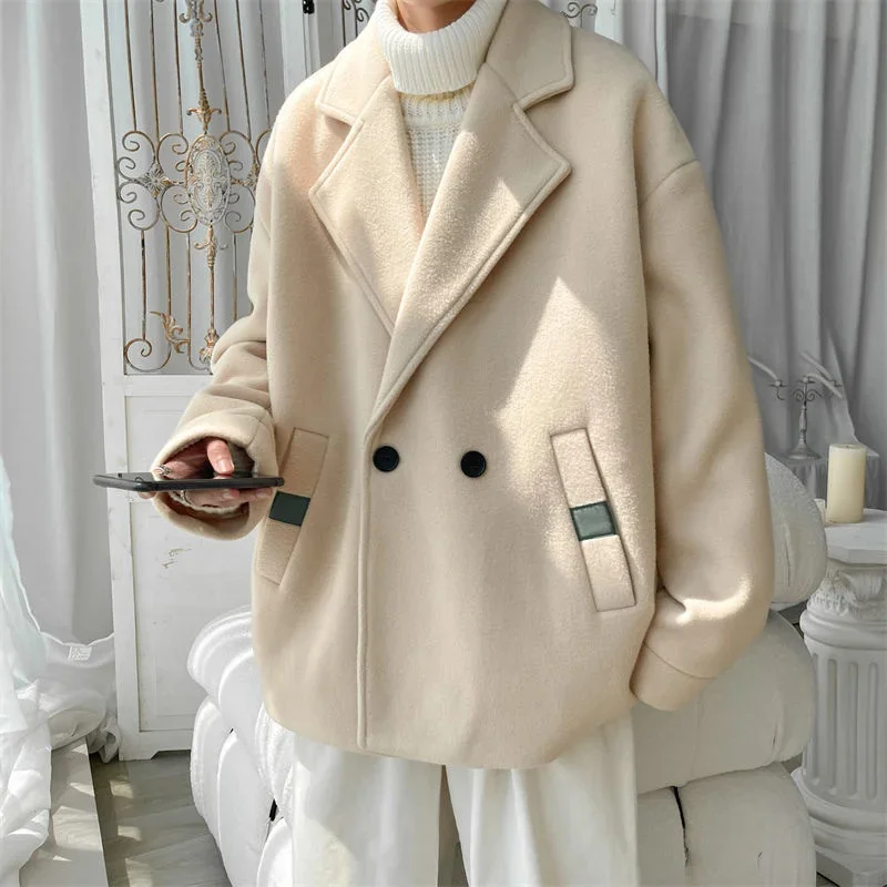 

Зимнее бежевое черное шерстяное пальто, Мужская теплая Модная Повседневная двубортная шерстяная куртка, мужское корейское свободное Короткое шерстяное пальто для мужчин