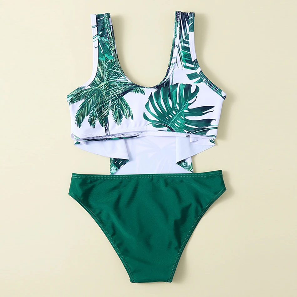 

Tropical Leaf Print Girls Swimsuit Kids V Neck Two Piece Children's Swimwear 3-10 Years Bikini Set Padded Bathing Suit Beachwear