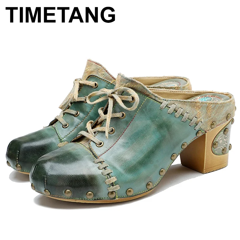 

Шлепанцы женские из натуральной кожи, Ретро стиль, заклепки, высокий толстый каблук, сланцы, летняя обувь, 2023