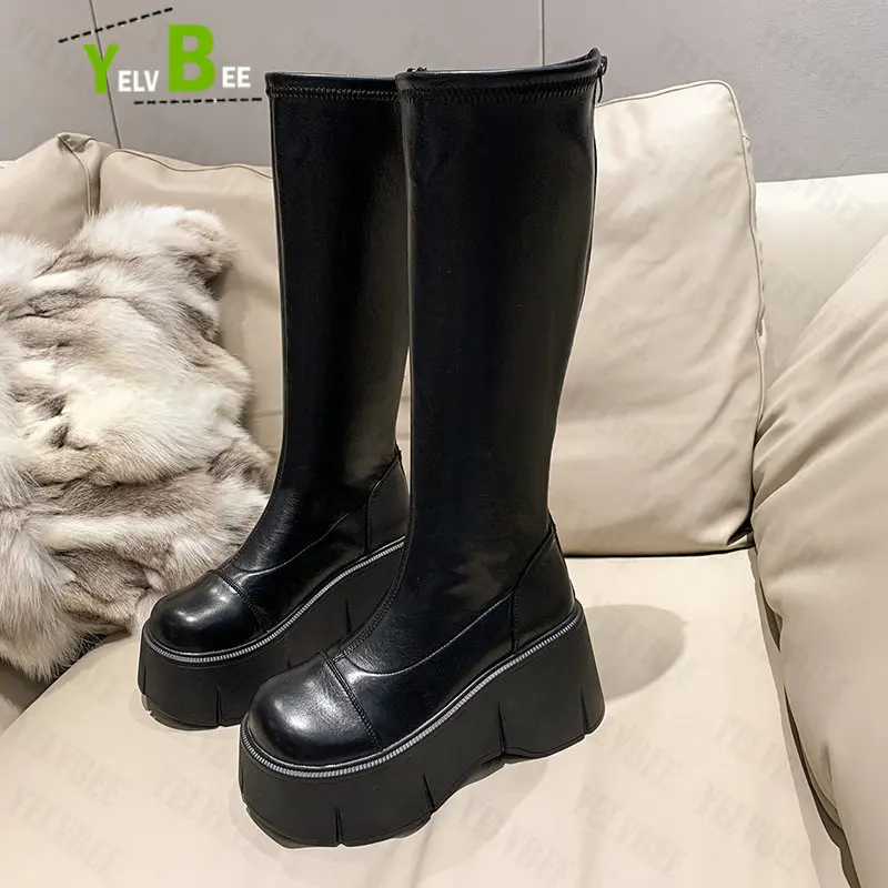 

Height Increased Platform Heels Wedges Chelsea Women Boots Autumn Winter New 2022 Fashion Knee High Motorcycle Women Shoes Botas