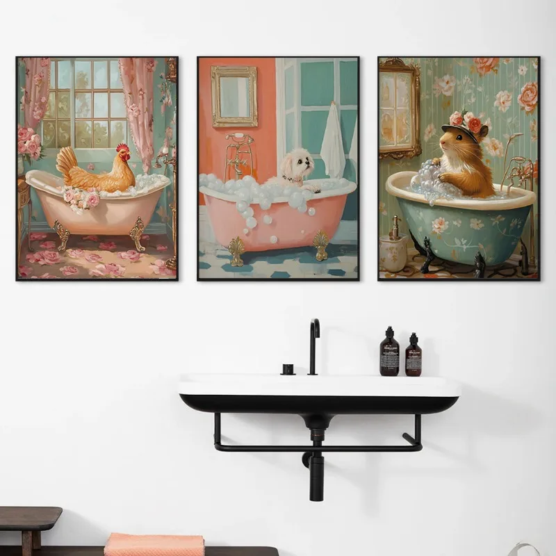 Купание животных на винтажной ванне панда какаду овцы постеры и принты печать