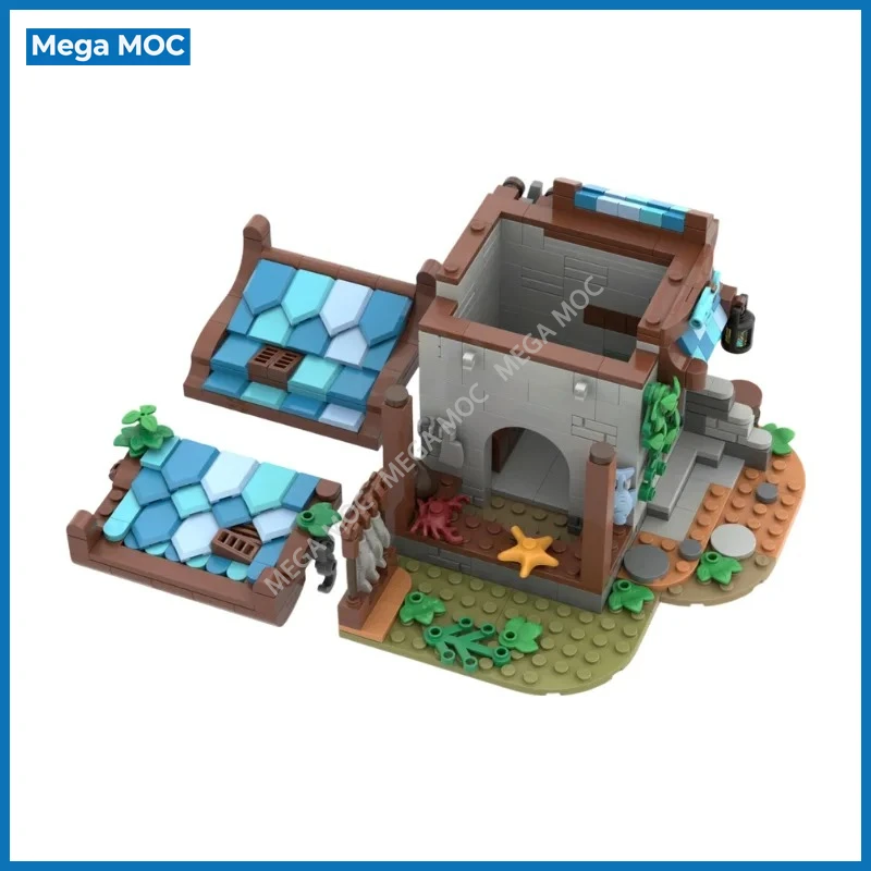 Фото Кастомная модель прибрежной рыбацкой хижины из строительных блоков MOC, дом на море, сборная модель для самостоятельной сборки, игрушка для демонстрации на столе. №1