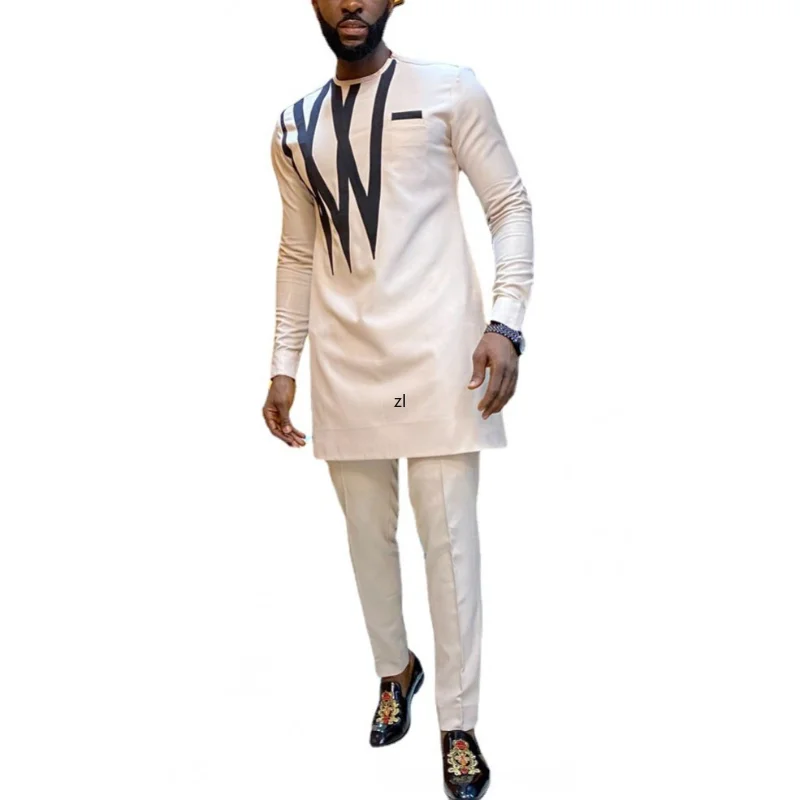 

African Dashiki Outfit Mens Stripe Print Tops Pants 2 Piece Suit Hippie Men Fashion Muslim Sets Thobe 2022 European Clothing