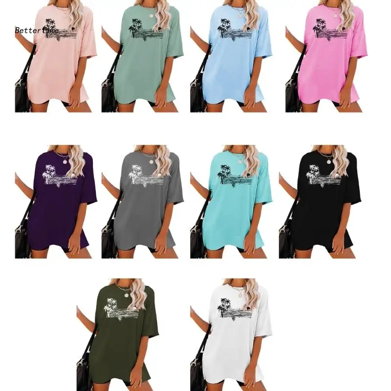 

B36D Women Summer Basic T-Shirt Long Tunic Casual Blouses Loose Top Crewneck T-Shirt