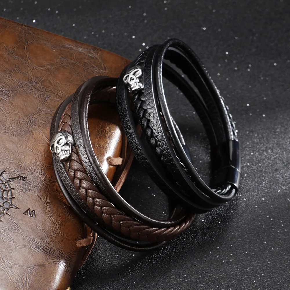 

Multilayer Braided Wrap Leather Bracelets for Men Vintage Stainless Steel Skull Skeleton Weave Bracelet Bangle Fahion Jewelry